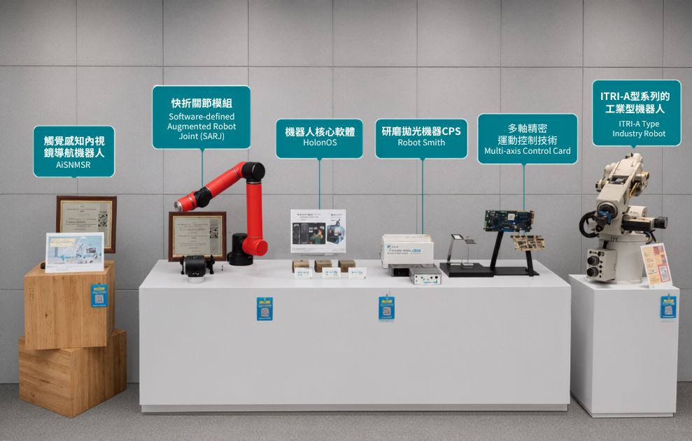 智慧製造相關技術介紹，包含「ITRI-A型系列的工業型機器人」「多軸精密運動控制技術」「研磨拋光機器人CPS」「機器⼈核⼼軟體」「快拆關節模組」「高靜壓離心風扇模組烘手機」「觸覺感知內視鏡導航機器人」「薄型馬達」「烘手機」「機械能耗診斷管理系統」「反應輪」「五軸加工中心控制器」「調諧阻尼器制振技術」