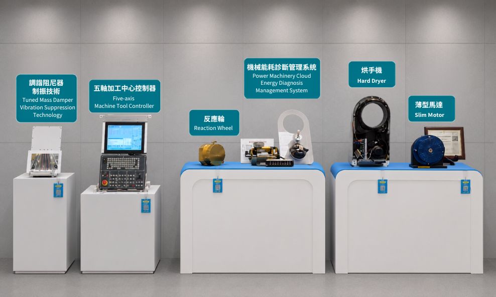 智慧製造相關技術介紹，包含「ITRI-A型系列的工業型機器人」「多軸精密運動控制技術」「研磨拋光機器人CPS」「機器⼈核⼼軟體」「快拆關節模組」「高靜壓離心風扇模組烘手機」「觸覺感知內視鏡導航機器人」「薄型馬達」「烘手機」「機械能耗診斷管理系統」「反應輪」「五軸加工中心控制器」「調諧阻尼器制振技術」